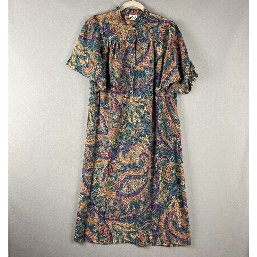 VTG Chez California Paisley Dress Women Large Jewel Tone Pearl Button 70s‎ 80s